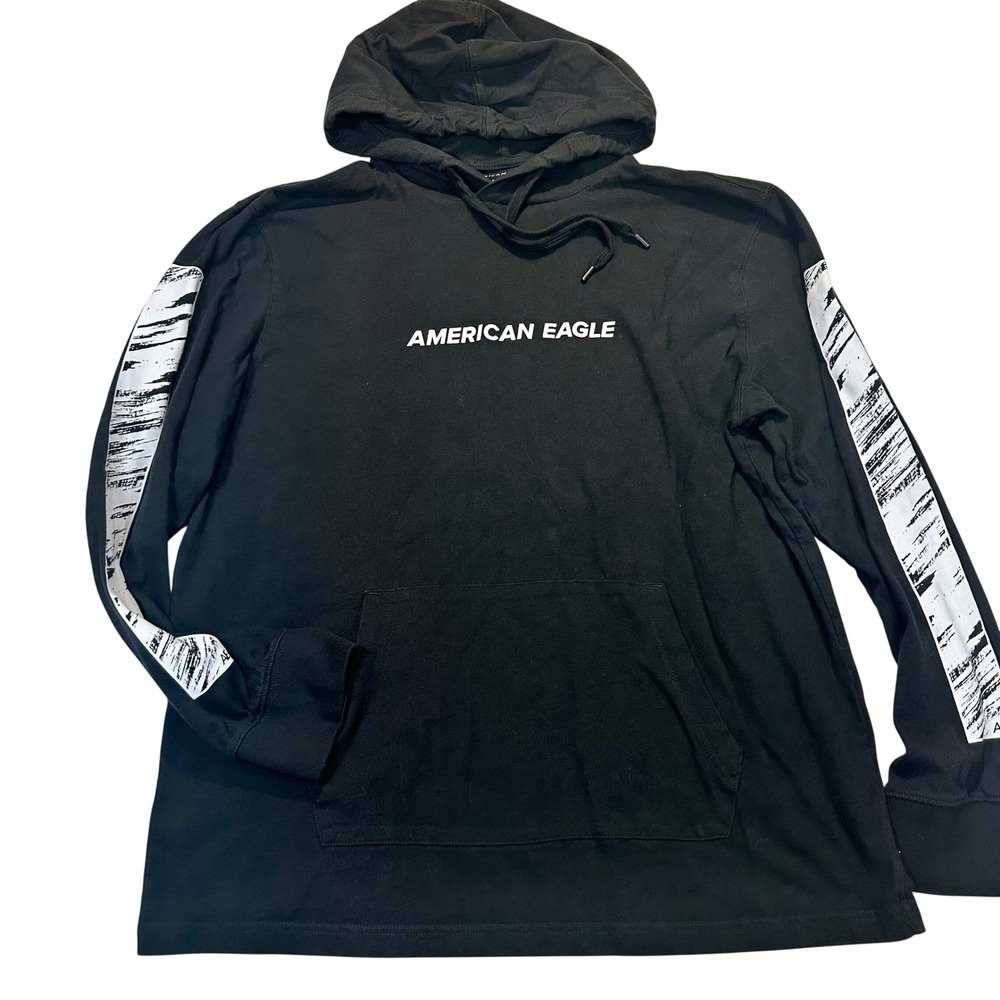 American Eagle Mens Black Super Soft Graphic Sleeve Logo‎ Hooded T-Shirt Large